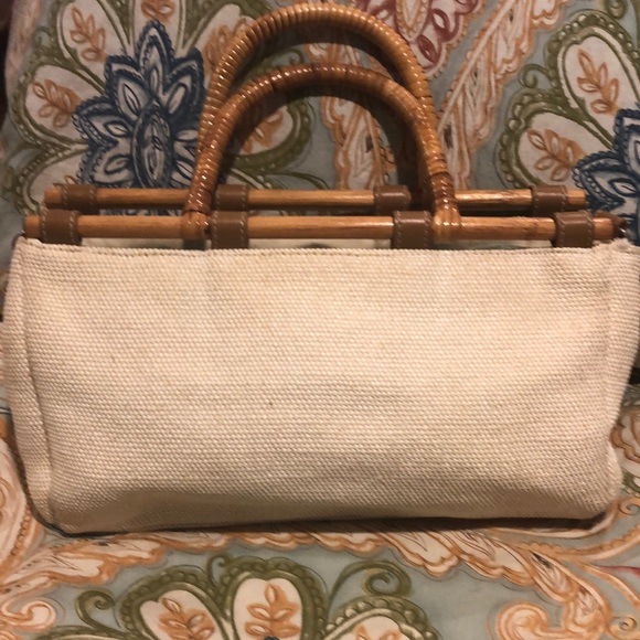 Woven, wood and straw handles, vintage handbag - Picture 1 of 5